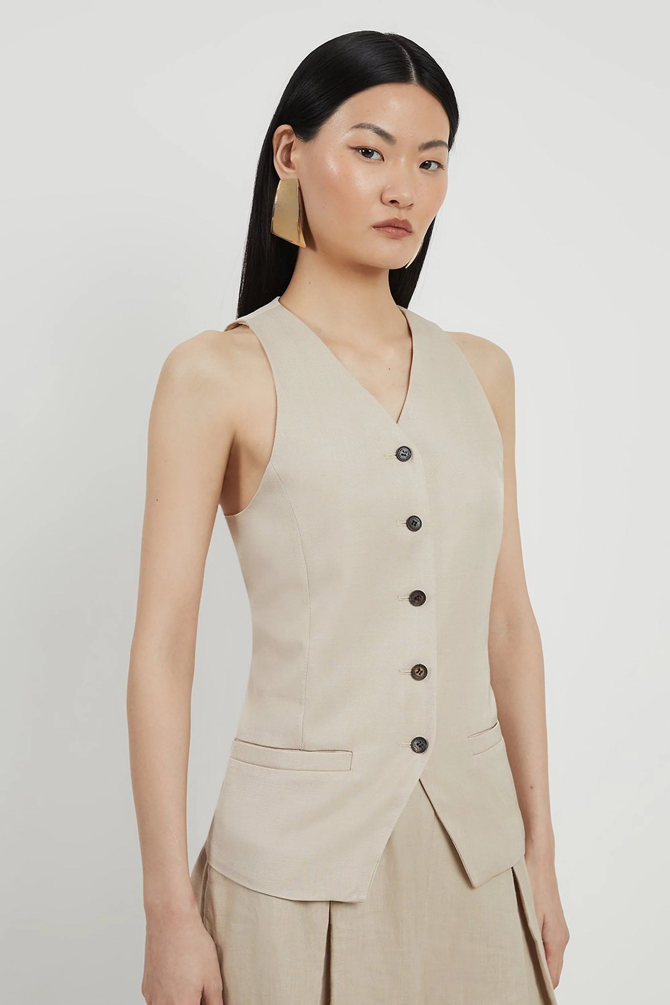 Premium Linen Button Through Tailored Top | Karen Millen UK + IE + DE + NL