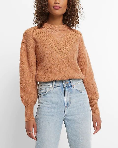 Cable Knit Crew Neck Lace Sweater | Express