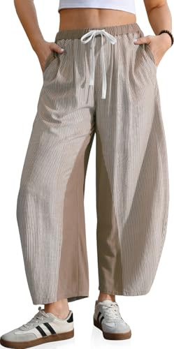TARSE Womens Wide Leg Barrel Pants Striped Drawstring Elastic Waist Loose Fit Summer Boho Casual Trendy Pants with Pockets(MidCoffee, XL) | Amazon (US)