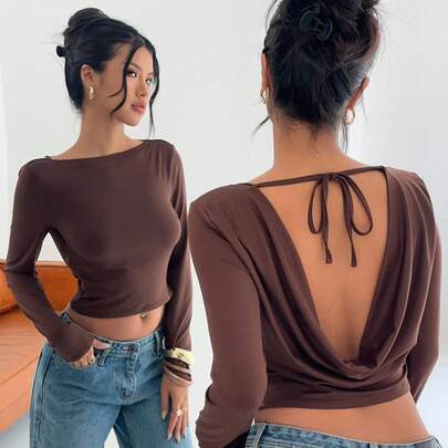 Women's Brown Backless Fitted Long Sleeve T-Shirt, Autumn/Winter New Arrival, Open Back Brown Top | SHEIN
