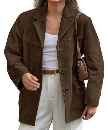 loveimgs Women Retro Brown Faux Suede Jacket Leather Blazer Coat Old Money Aesthetic Fall Jacket Bomber Y2k Oversized (Medium, Brown) | Amazon (US)