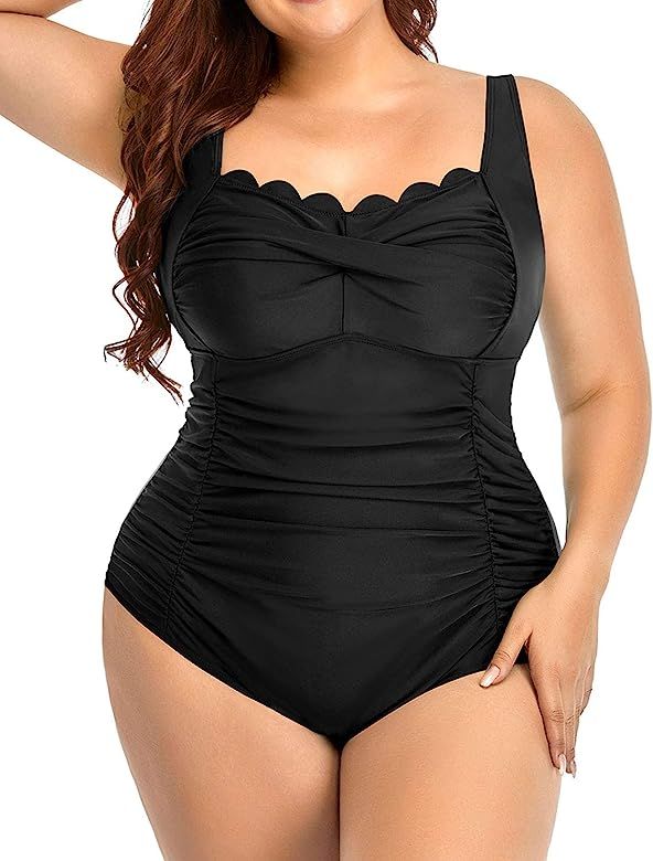 Aqua Eve Women Plus Size Swimsuits One Piece Tummy Control Bathing Suits Retro Scalloped Twist Fr... | Amazon (US)