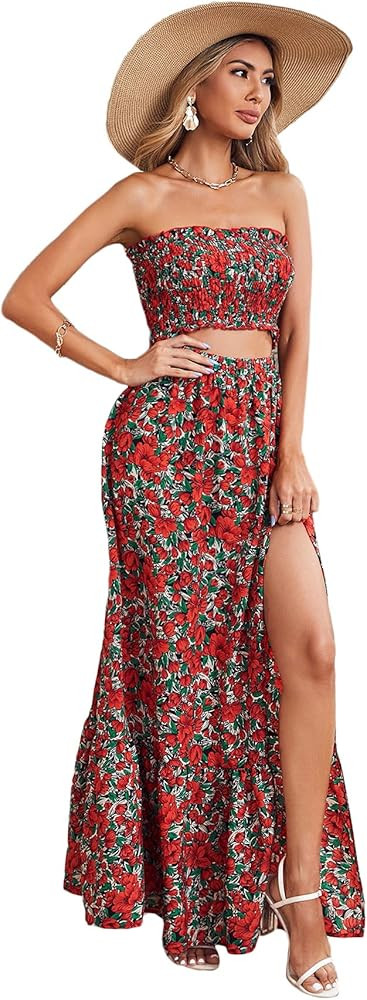 Floerns Women's Summer Printed 2 Piece Outfit Crop Tube Tops and Split Long Skirt Set | Amazon (US)