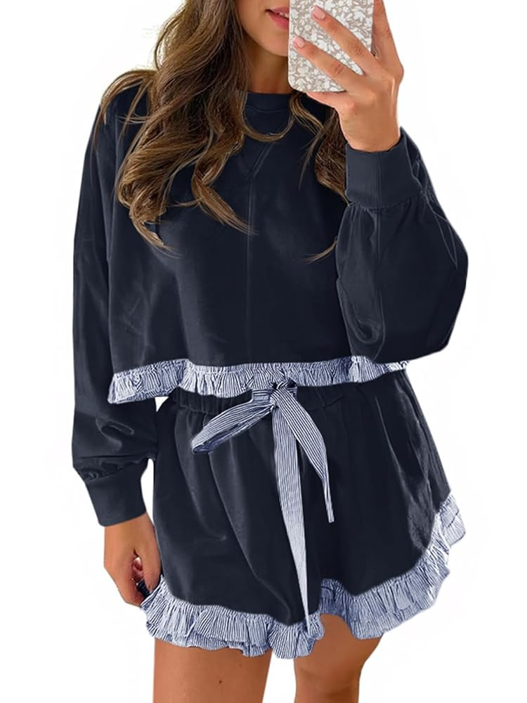 Fisoew Women's 2 Piece Lounge Sets Color Block Ruffle Cropped Sweatshirts Loose Drawstring Waist ... | Amazon (US)