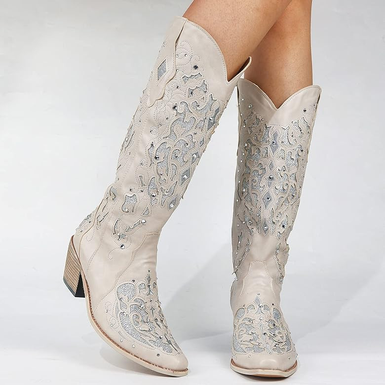 Erocalli Cowboy Boots for Women Cowgirl Western Women Chunky Heel Vintage Embroidered Floral Studded | Amazon (US)