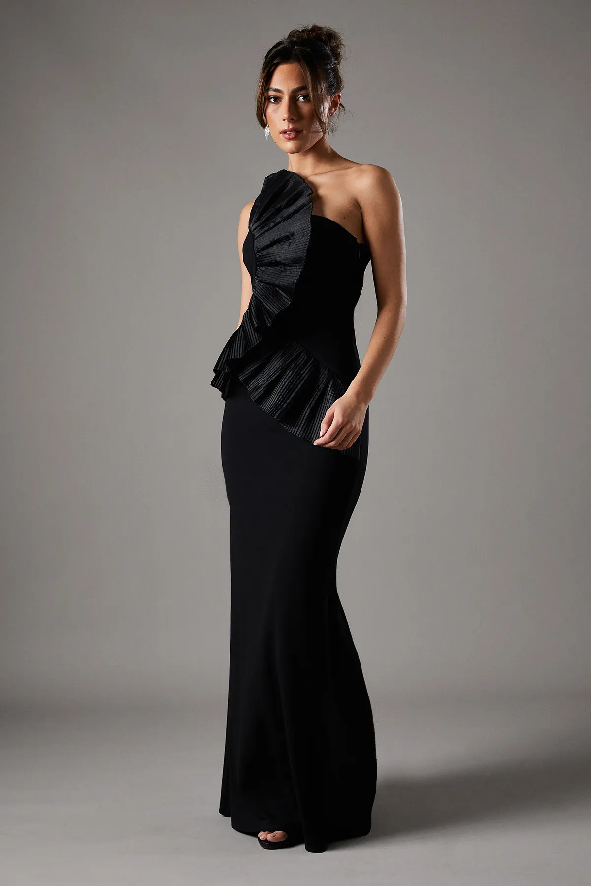 Black Coast Pleated Front One Shoulder Gown | Oasis | Oasis UK & IE