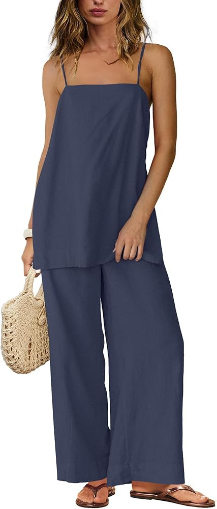 SENSERISE Linen Sets for Women 2 Piece Set Summer Beach Vacation Outfits Spaghetti Strap Tank Top... | Amazon (US)