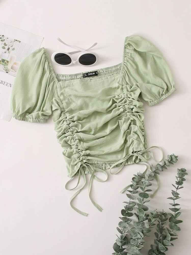 Ruched Drawstring Knot Shirred Crop Top | SHEIN