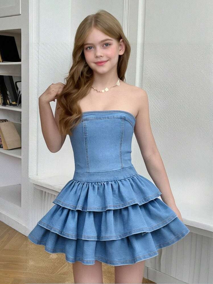 Firerie Kids Firerie Kids Tween Girls Y2K Fashion Stonewashed Snug Fit Dress With Layer And Detai... | SHEIN