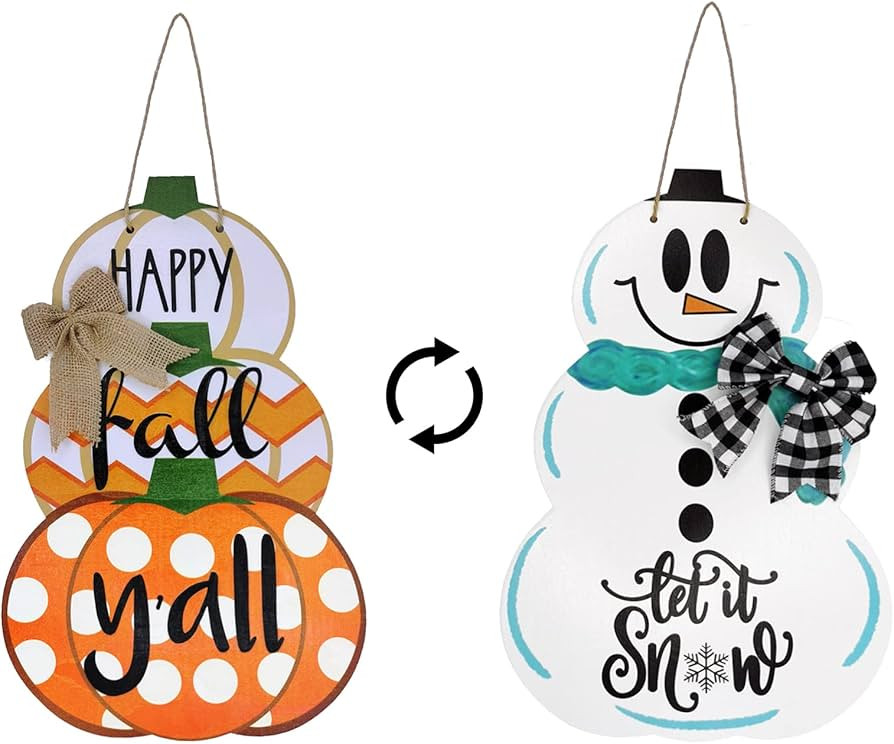 Fall Door Sign Reversible Pumpkin Snowman Wood Door Hanger Happy Fall Y'all Let It Snow Autumn Wi... | Amazon (US)