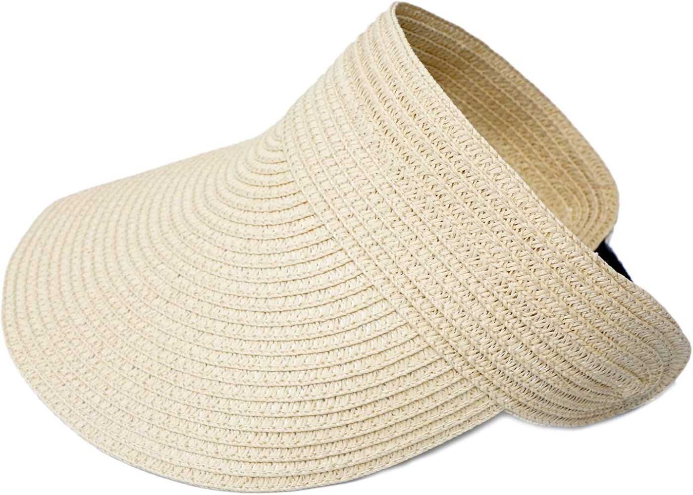 Beach Hats for Women Wide Brim Roll-up Foldable Straw Sun Hat Visors Summer UV Protection Beach H... | Amazon (US)