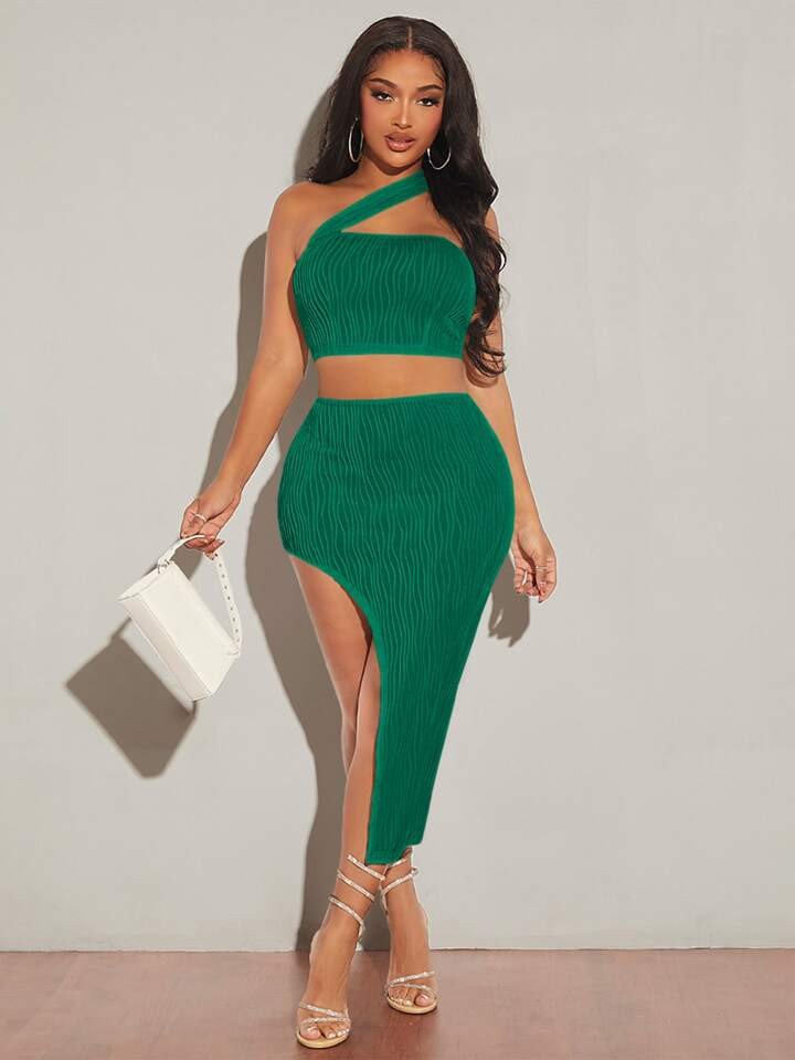 SHEIN SXY One Shoulder Crop Top & Split Thigh Skirt | SHEIN