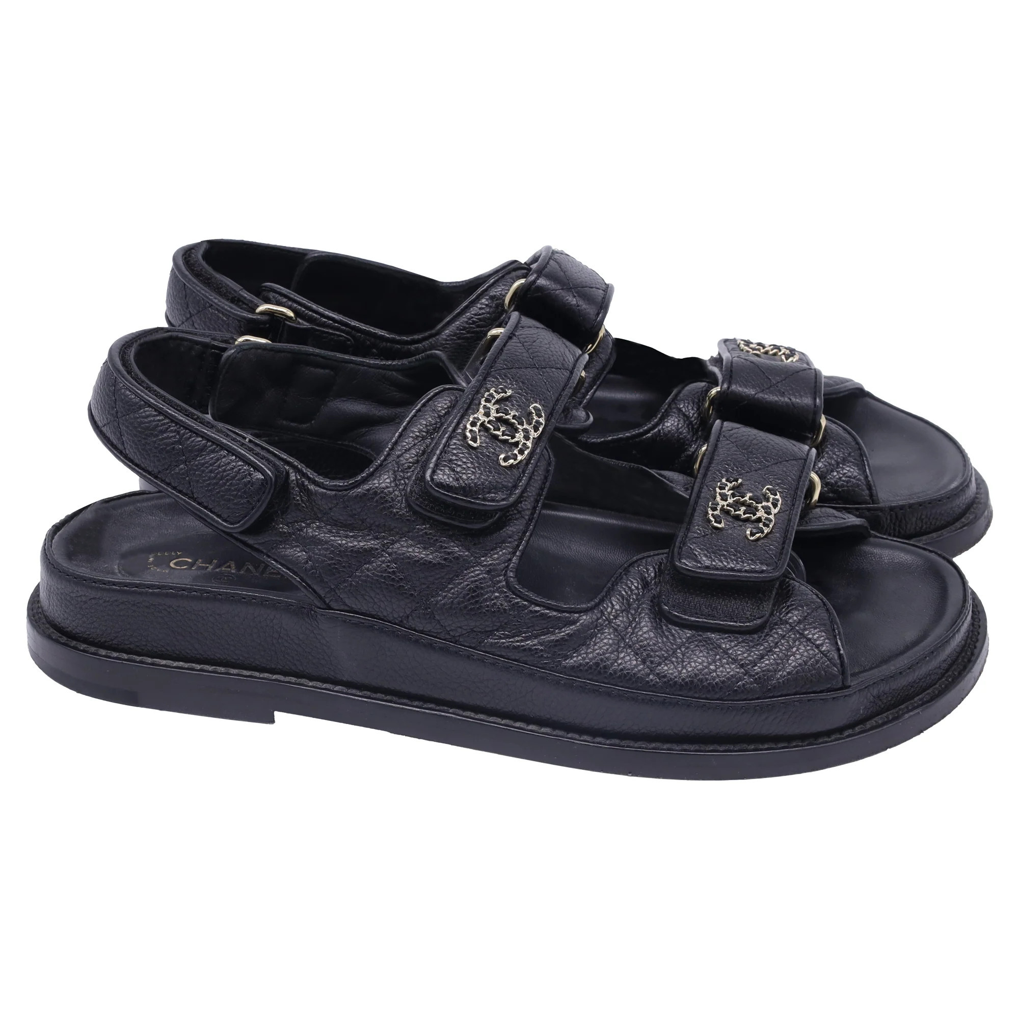 Chanel CC Dad Quilted Sandals in Black Calf Leather | Shop Simon