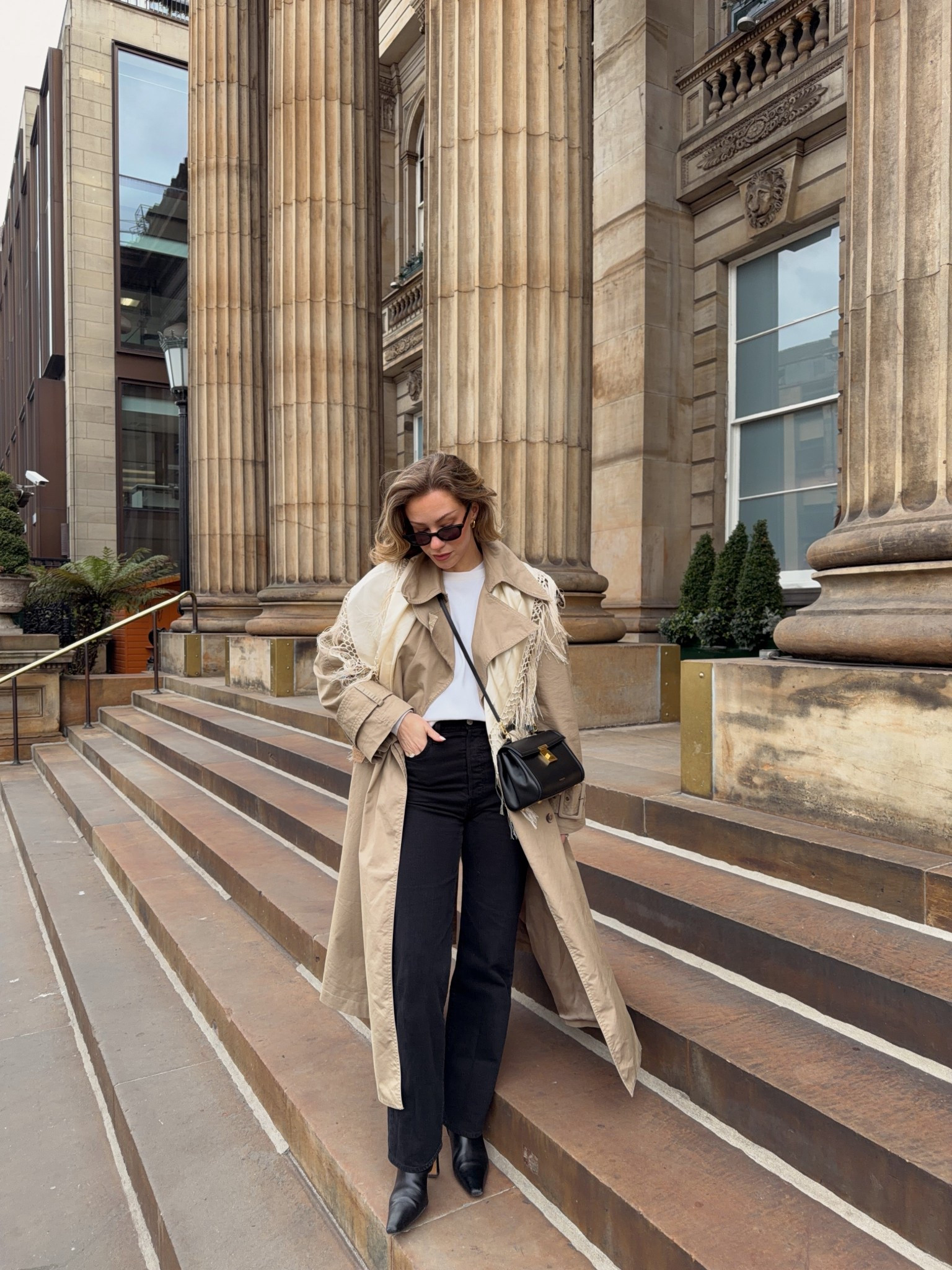 Spring outfits 2026, trench coat outfit, Levi’s rib cage straight jeans, leather boots, demellier bag, silk tassel scarf, Uniqlo knit jumper 

#LTKstyletip #LTKuk #LTKspring