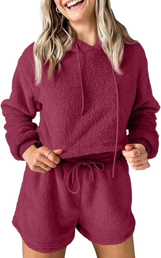 Fazortev Women Fuzzy Pajama Sets Fluffy 2 Piece Outfits Cropped Hoodie High Waist Drawstring Shor... | Amazon (US)