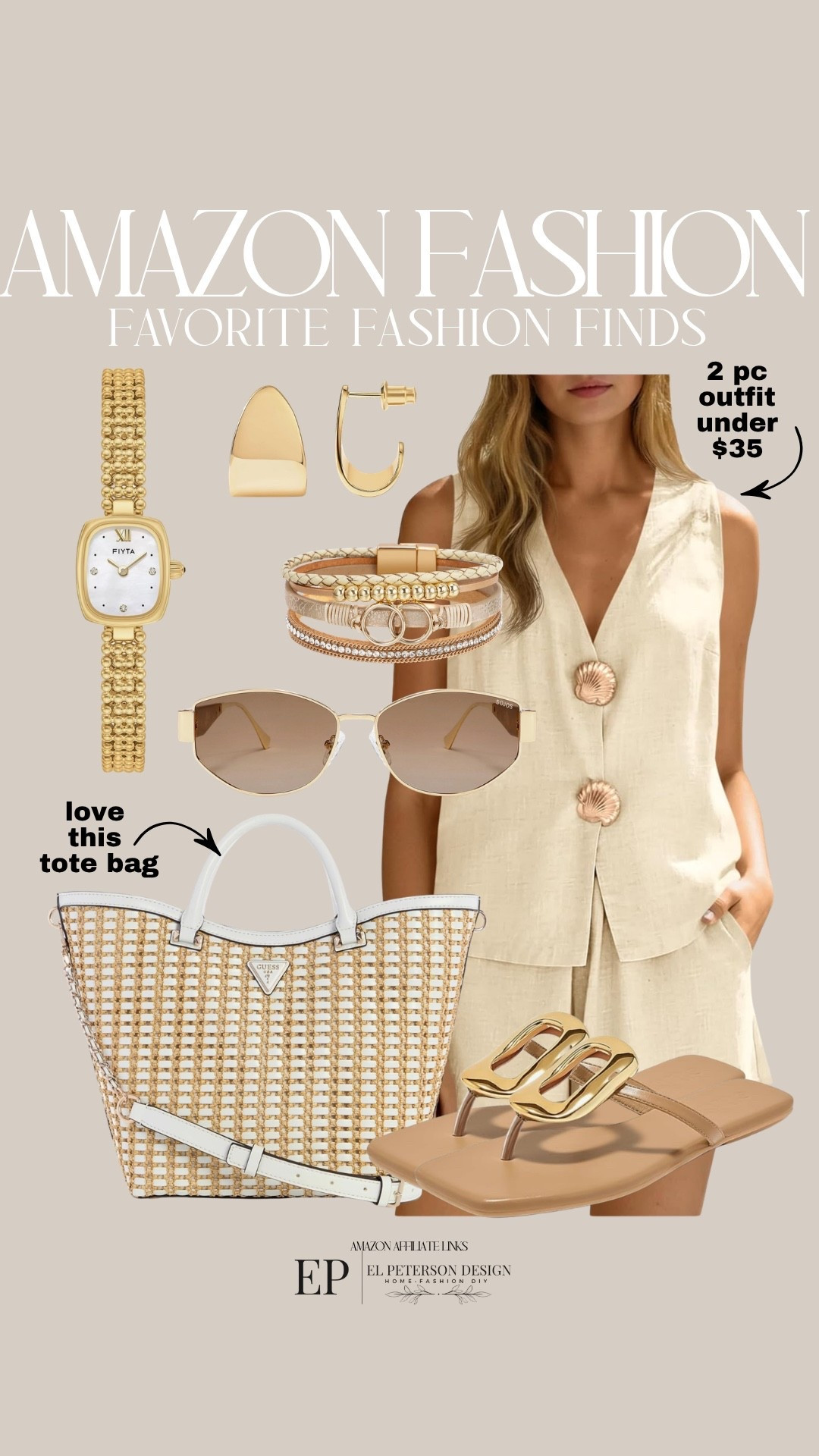 Amazon
2 pc outfit
Sunglasses
Watch
Purse
Earrings
Bracelet 