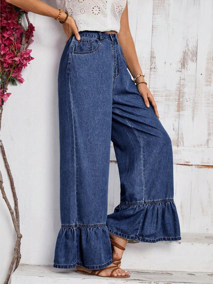 EMERY ROSE Women's Pocket Decor Ruffle Hem Wide Leg Loose Casual Jeans | SHEIN
