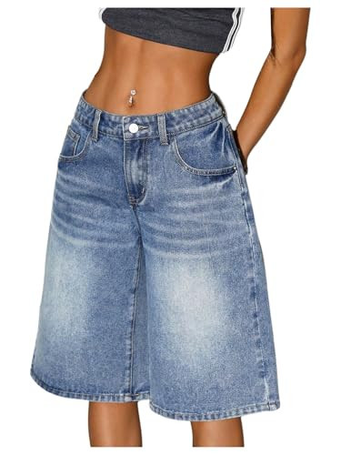 WDIRARA Women's Low Rise Baggy Denim Shorts Wide Leg Bermuda Jean Shorts Medium Wash 26 | Amazon (US)