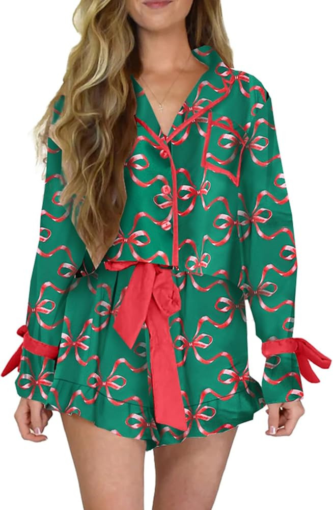 Women Cute Christmas Pajamas Bow Tie Long Sleeve Shirt Pants Satin Sleepwear 2 Piece Set | Amazon (US)