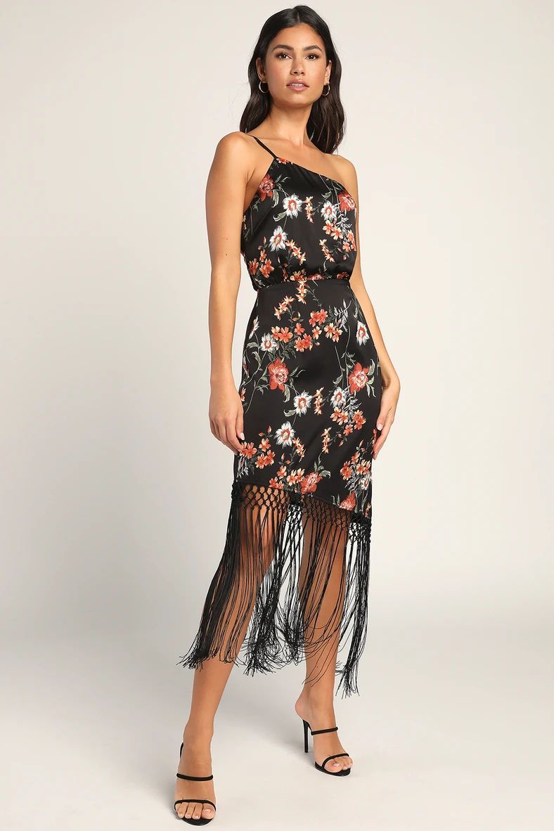 Let's Be Fringe Black Floral Print Satin One-Shoulder Midi Dress | Lulus
