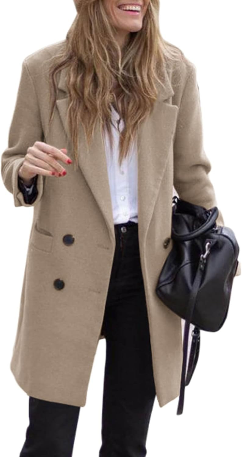 Zwurew Women's Notched Lapel Collar Double Breasted Spring Winter Coats Wool Blend Pea Coats Casu... | Amazon (US)