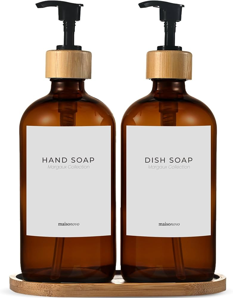 Maisonovo Dish Soap Dispenser Set - Amber Soap Dispenser Black Bamboo Pumps | Amazon (US)