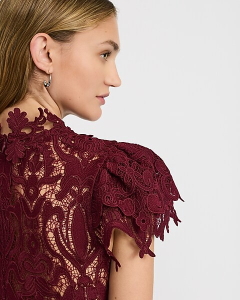 Lace Mock Neck Flutter Sleeve Tie Waist Romper | Express