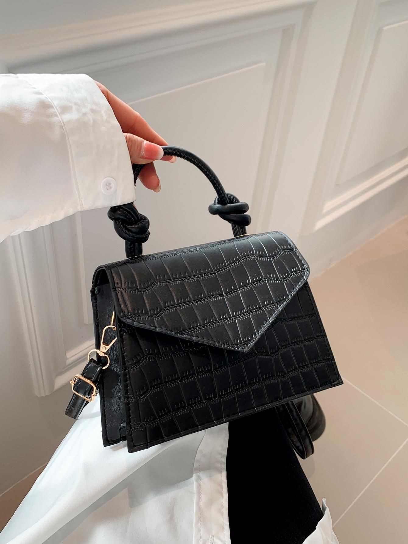 Summer Luxurious Crocodile Pattern Handbag Women's Bag Solid Color Minimalist Shoulder & Crossbod... | SHEIN