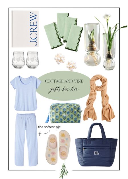 Gifts for her!  A few favorites - Lake pajamas are the best!  I don’t go anywhere without my cashmere wrap.  These are the prettiest vintage etched wine glasses.  So many great finds!
#forher #classicstyle

#LTKGiftGuide