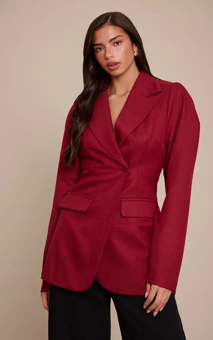 Burgundy Drop Shoulder Cinch Waist Extreme Oversized Blazer | PrettyLittleThing US