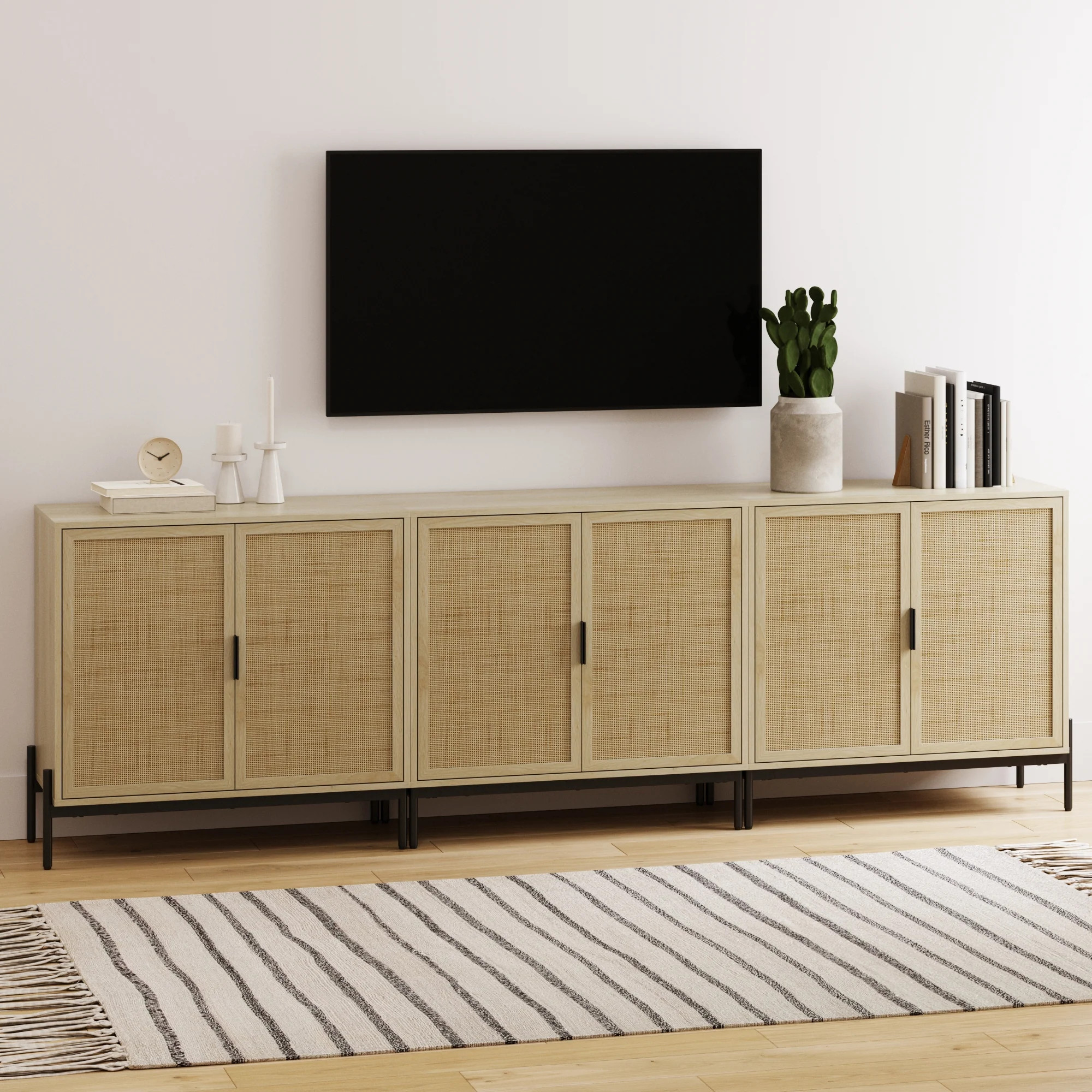 Rattan TV Console Credenza Oak (Set of 3) | Nathan James