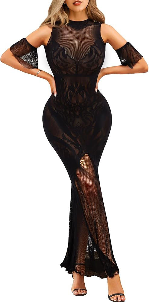 RSLOVE Women Lingerie Sexy Dress - Lace Mesh Sleepwear Maxi Nightgown Exotic Sheer Long Bridal Ch... | Amazon (US)