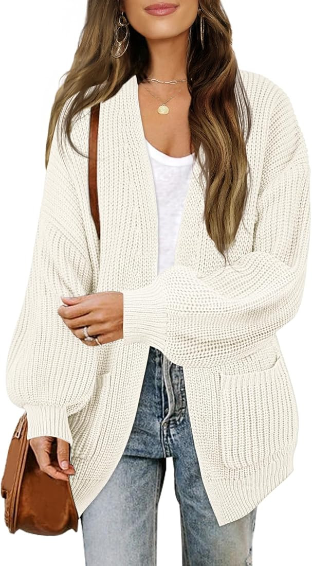 MEROKEETY Women's Fall Open Front Long Lantern Sleeve Cardigan Oversized Chunky Outwear with Pock... | Amazon (US)