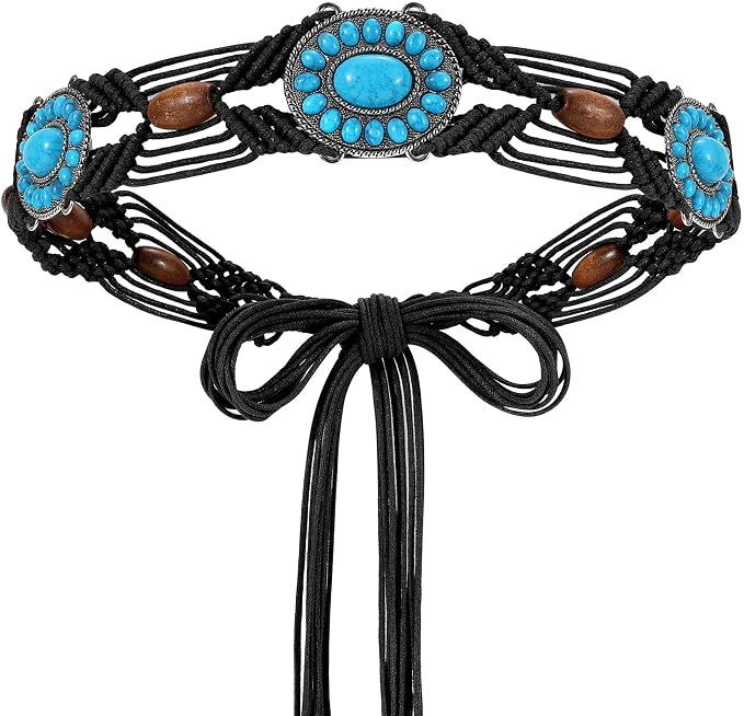 WHIPPY Boho Turquoise Belt for Women Wax Rope Braided Waist Belt Western Hand-Woven Bead Tassel B... | Amazon (US)