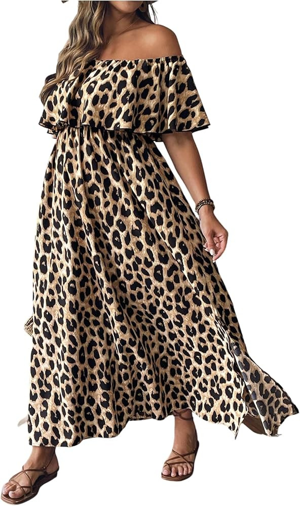 OYOANGLE Women's Plus Size Leopard Print Off the Shoulder Maxi Dress Short Sleeve Ruffle A Line C... | Amazon (US)