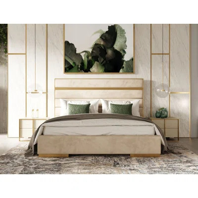 Modern Beige Velvet Bed & 2 Nightstands | Wayfair North America