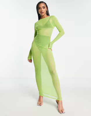 Simmi long sleeve sheer maxi scoop back dress in lime | ASOS (Global)