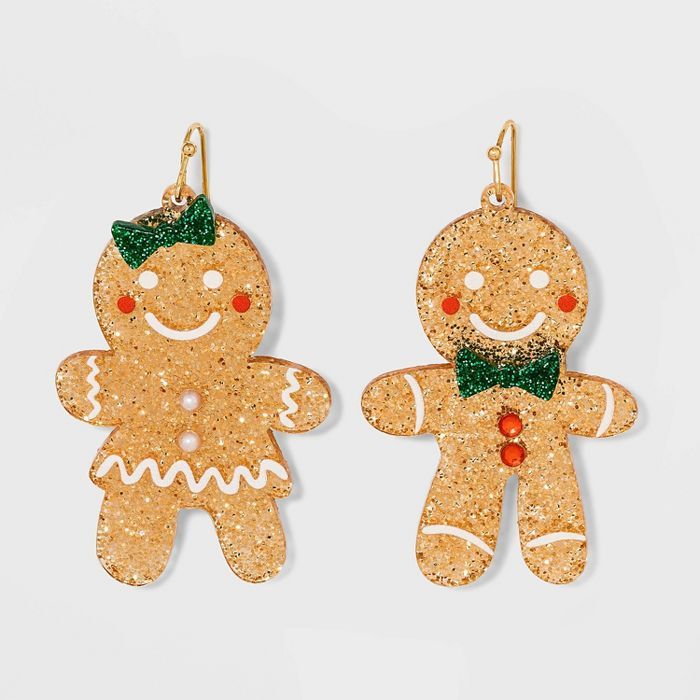 Holiday Novelty Glitter Ginger Bread Man and Woman Drop Statement Earrings - Brown | Target