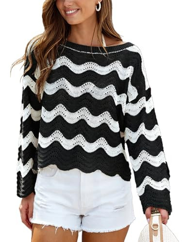 CUPSHE Women's Crochet Cover Up Long Sleeve Striped Beach Cover Up Top Summer Casual Knit Tops for Swimwear(Top Only) Black Stripes, S | Amazon (US)
