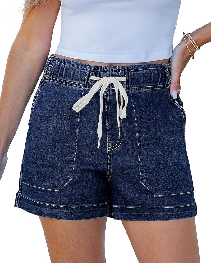 luvamia Jean Shorts for Women High Waisted Pull On Drawstring Elastic Waist Trendy Stretchy Denim... | Amazon (US)