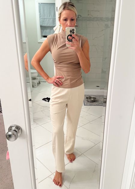 Wear to work outfit with Amazon! Wide leg elastic waist trouser pants with asymmetrical tan too. Chunky gold hoop earrings #weartowork #workoutfit #wideleg 

#LTKover40 #LTKfindsunder50 #LTKworkwear