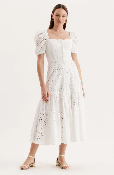 Cleo Eyelet Midi Dress - White | tyler boe