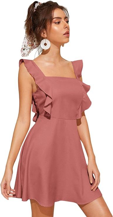 Romwe Women's Cute Tie Back Ruffle Strap A Line Fit and Flare Flowy Short Dress | Amazon (US)