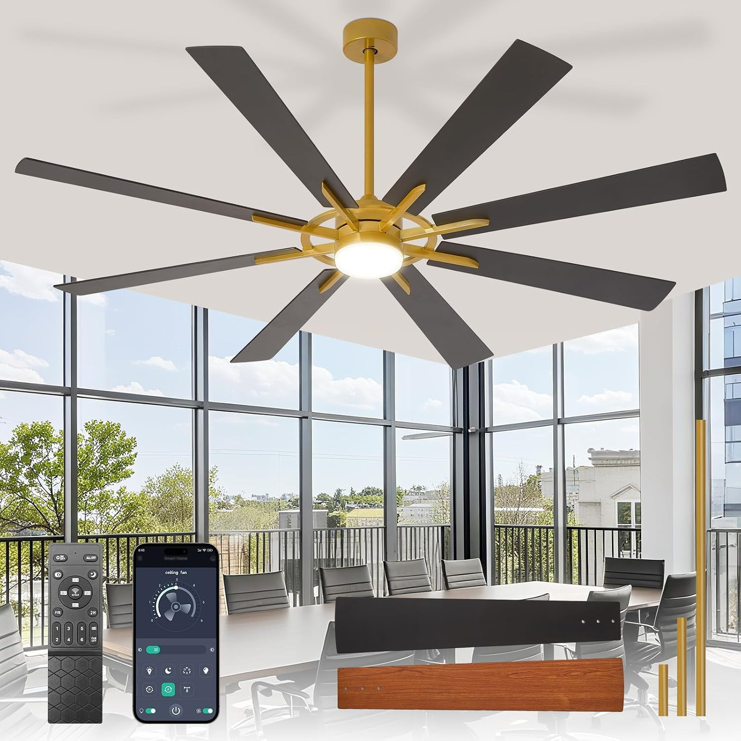 Large Ceiling Fans with Lights: Modern 72 Inch 8 Blade Outdoor Ceiling Fan with Remote APP Control - Dimmable Black Gold Big Fan light Indoor Reversible 6 Speed Quiet DC Motor | Amazon (US)