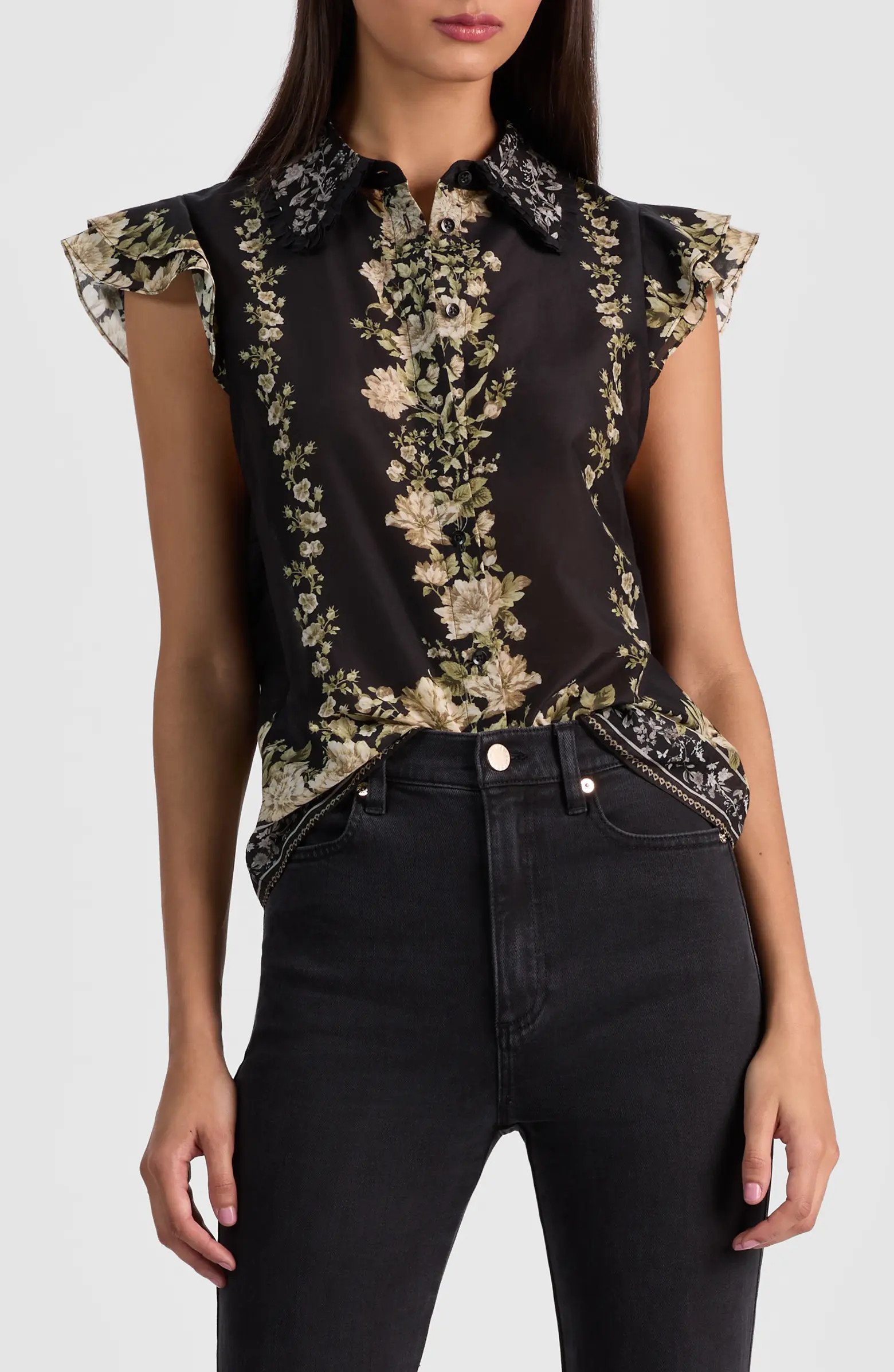 Alice + Olivia Martel Flutter Sleeve Cotton & Silk Button-Up Top | Nordstrom | Nordstrom