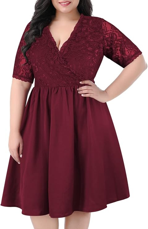 Nemidor Women's Half Sleeves V-Neckline Lace Top Plus Size Cocktail Party Swing Dress | Amazon (US)
