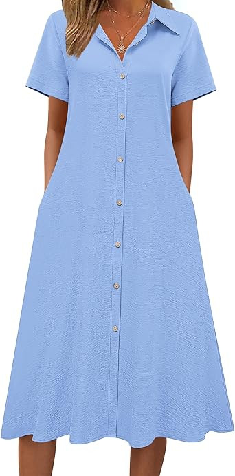 Zeagoo Summer Dresses for Women 2026 Button Down Shirt Dresses Aline Long Sundress Short Sleeve B... | Amazon (US)