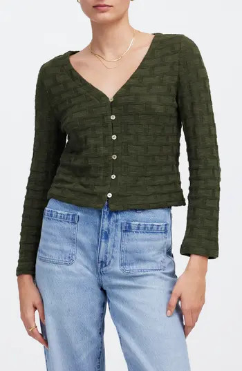 Madewell Basket Weave Knit Bell-Sleeve Button-Up Shirt in Dark Loden at Nordstrom Rack, Size Large | Nordstrom Rack