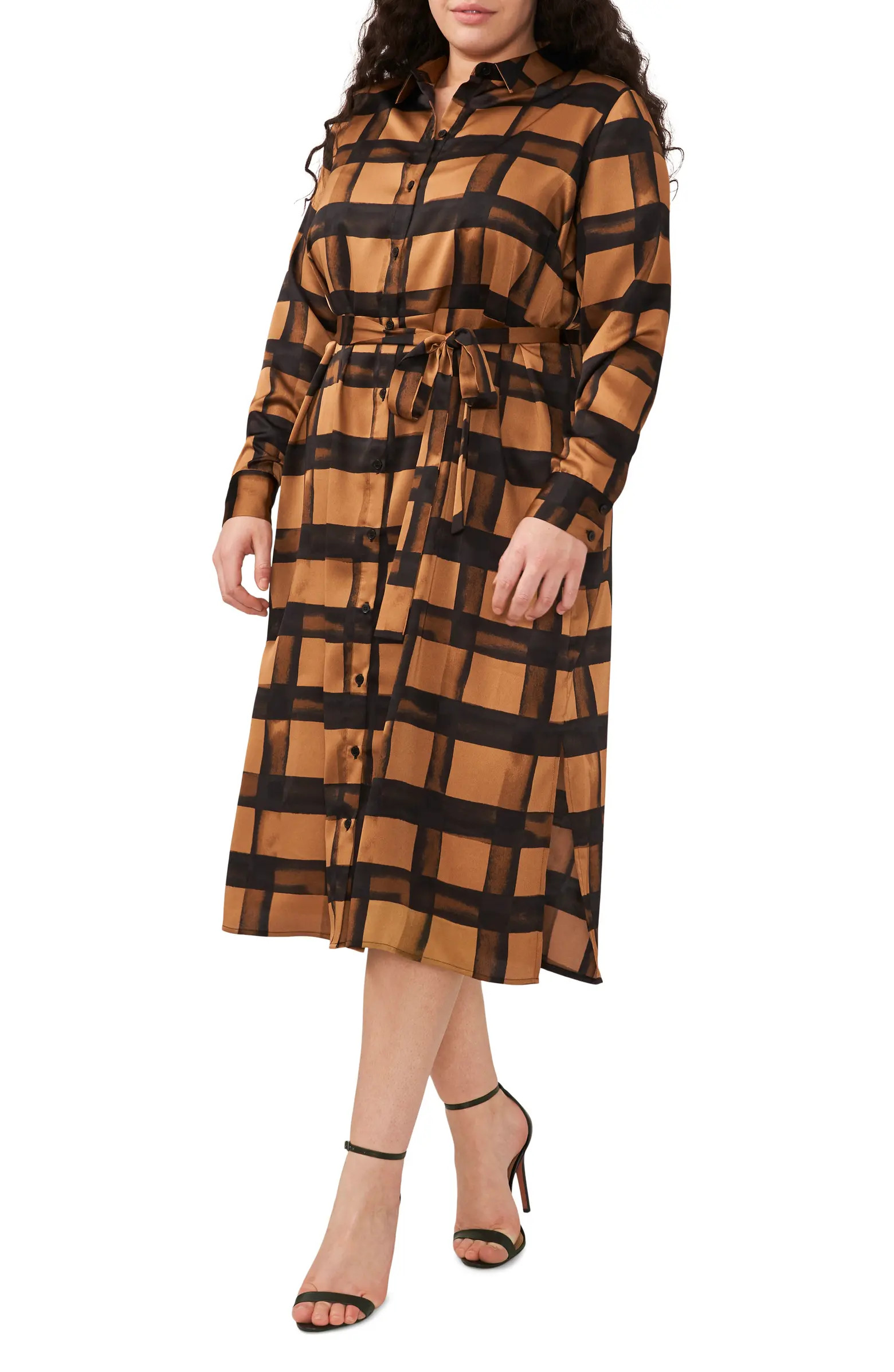 Grid Pattern Long Sleeve Tie Waist Midi Shirtdress | Nordstrom