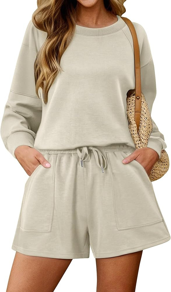 KISSMODA 2 Piece Sets for Women Sweatsuit Casual Tracksuits Long Sleeve Tops and Shorts 2025 Loun... | Amazon (US)
